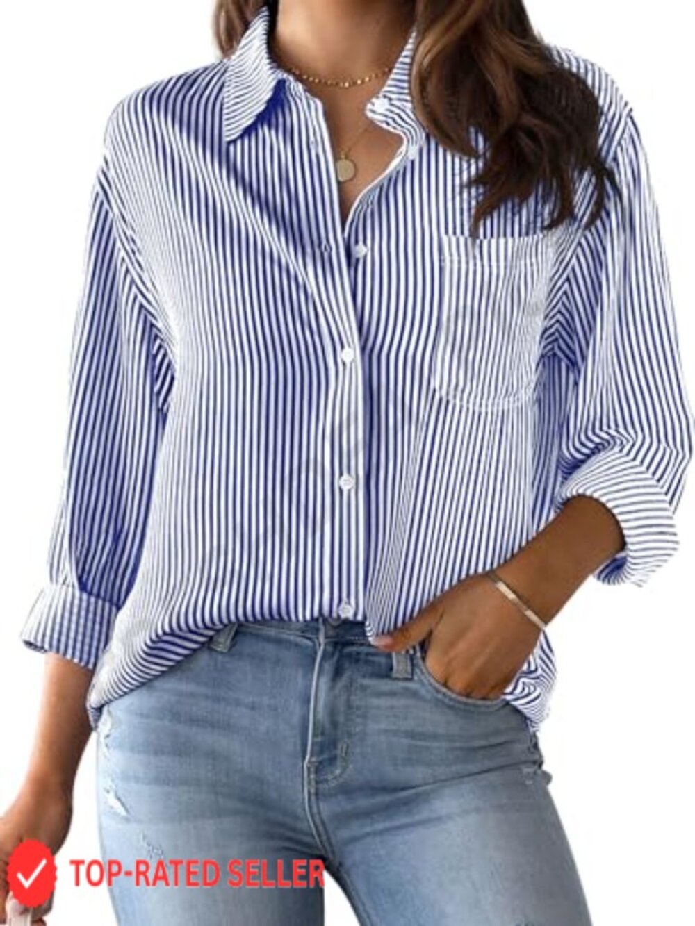 Womens Wrinkle-Resistant Striped Long Sleeve Button Down Shirt Cotton Polyester